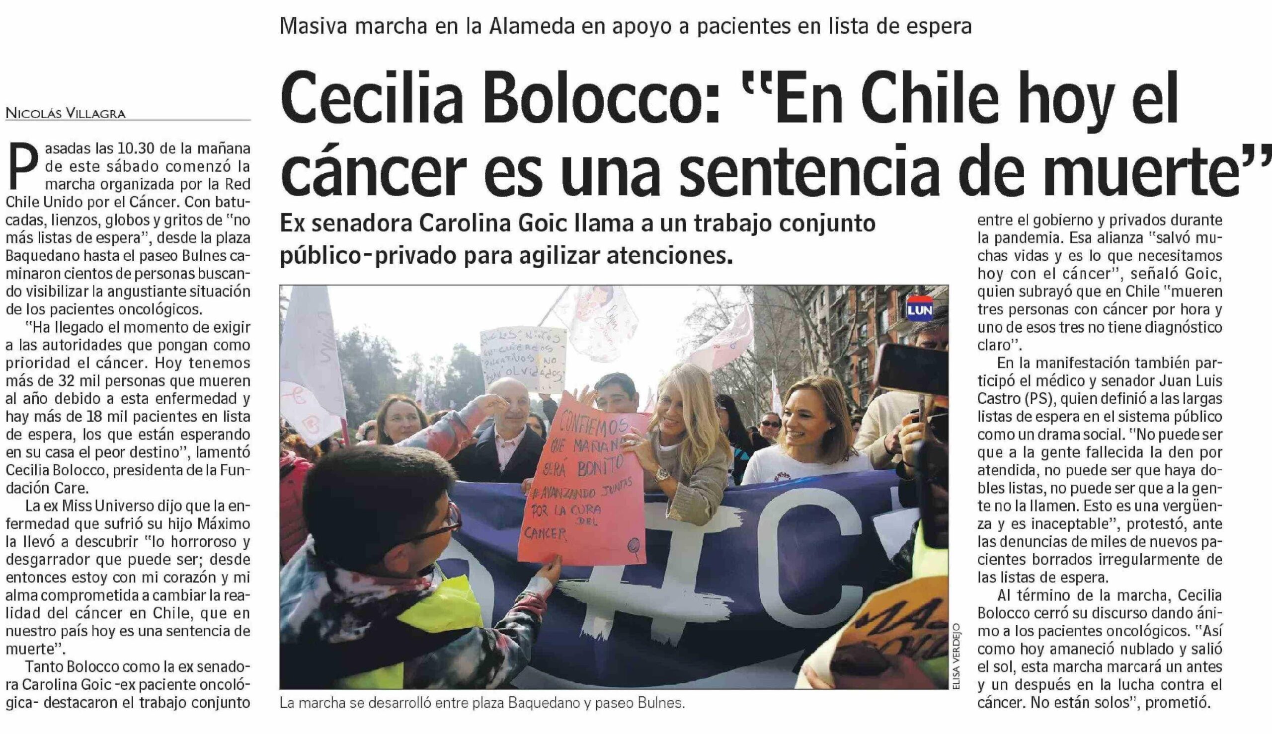 Lun: Cecilia Bolocco: En Chile hoy el cáncer es una sentencia de muerte