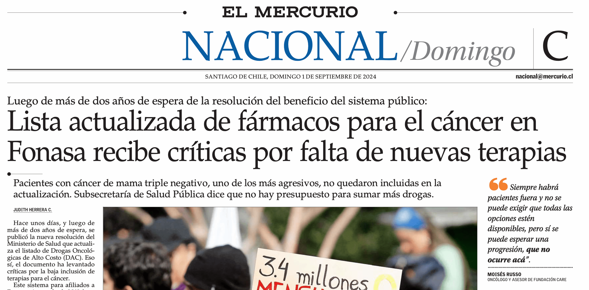 Emol: Lista actualizada de fármacos para el cáncer en Fonasa recibe críticas por falta de nuevas terapias