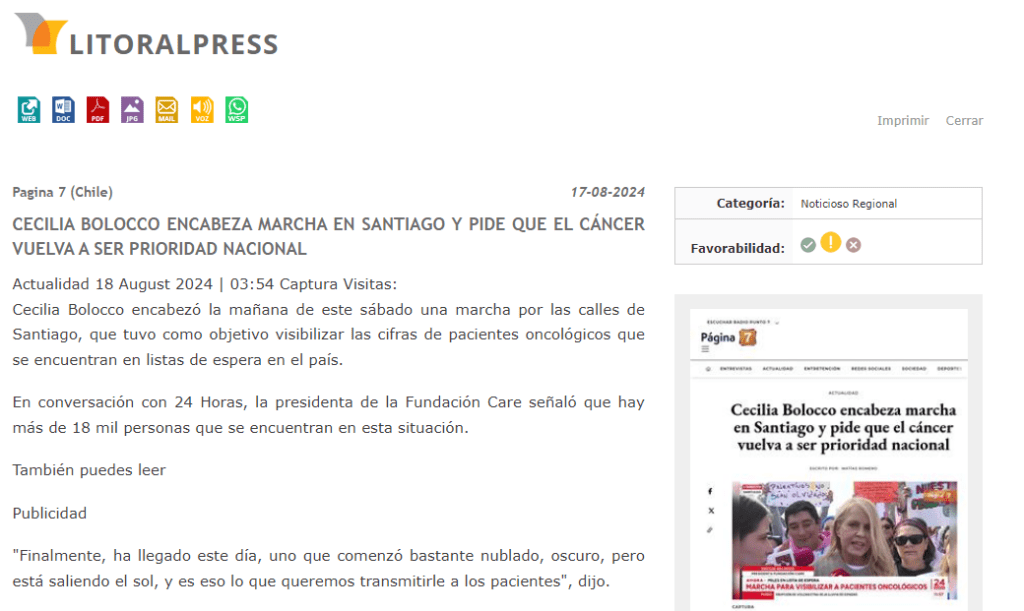 Litoralpress: Cecilia Bolocco encabeza marcha en Santiago y pide que el cáncer vuelva a ser prioridad nacional