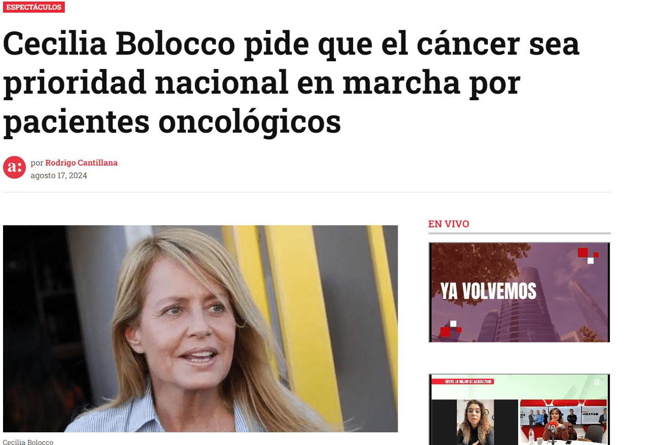 Agricultura: Cecilia Bolocco pide que el cáncer sea prioridad nacional en marcha por pacientes oncológicos