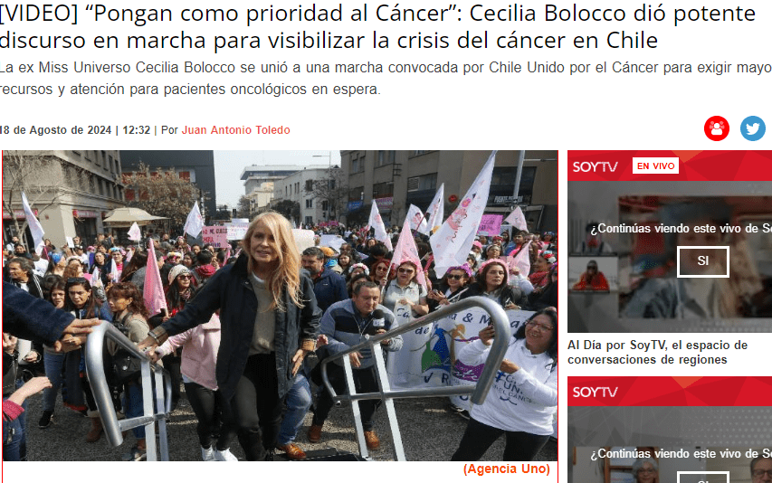 SoyValparaíso: [VIDEO] “Pongan como prioridad al Cáncer”: Cecilia Bolocco dió potente discurso en marcha para visibilizar la crisis del cáncer en Chile Fuente