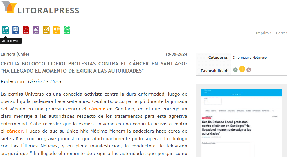 La Hora: Cecilia Bolocco lideró protestas contra el cáncer en Santiago: “Ha llegado el momento de exigir a las autoridades”