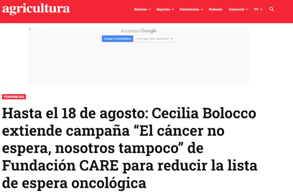 Agricultura: Hasta el 18 de agosto: Cecilia Bolocco extiende campaña “El cáncer no espera, nosotros tampoco” de Fundación CARE para reducir la lista de espera