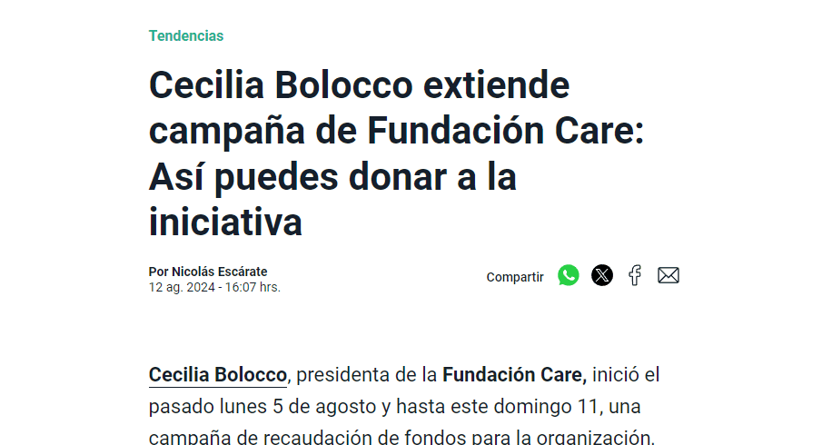 Meganoticias: Cecilia Bolocco extiende campaña de Fundación Care: Así puedes donar a la iniciativa