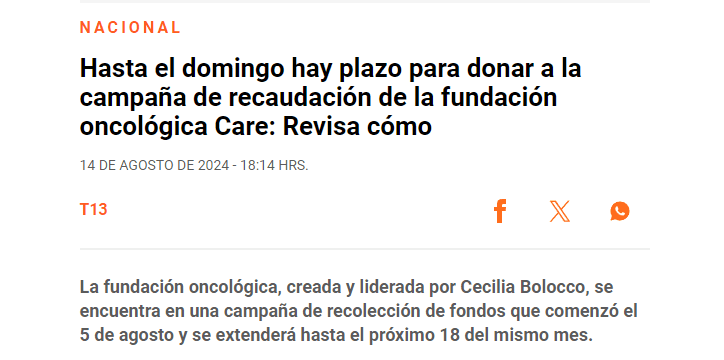 T13: Hasta el domingo hay plazo para donar a la campaña de recaudación de la fundación oncológica Care: Revisa cómo
