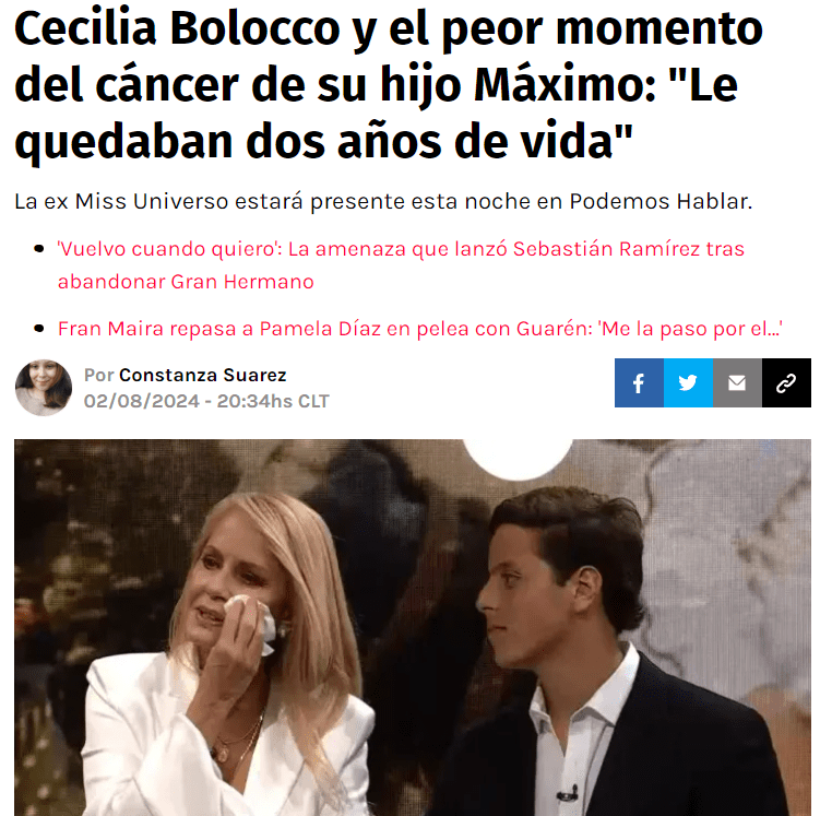 RedGol: Cecilia Bolocco y el peor momento del cáncer de su hijo Máximo: “Le quedaban dos años de vida”