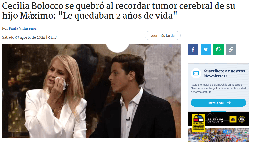 Bio Bio: Cecilia Bolocco se quebró al recordar tumor cerebral de su hijo Máximo: “Le quedaban 2 años de vida”
