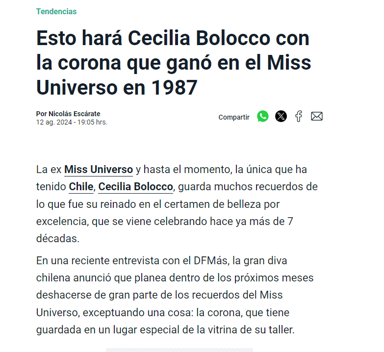 MegaNoticias: Esto hará Cecilia Bolocco con la corona que ganó en el Miss Universo en 1987