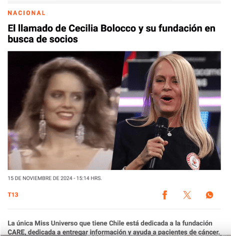 T13.cl: El llamado de Cecilia Bolocco y su fundación en busca de socios