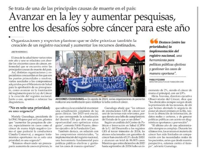 Avanza en la ley y aumenta pesquisas, entre los desafios sobre cáncer este año