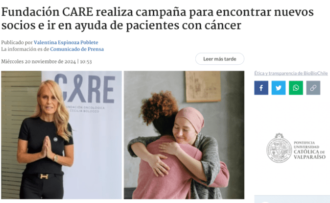 BioBioChile: Fundación CARE realiza campaña para encontrar nuevos socios e ir en ayuda de pacientes con cáncer