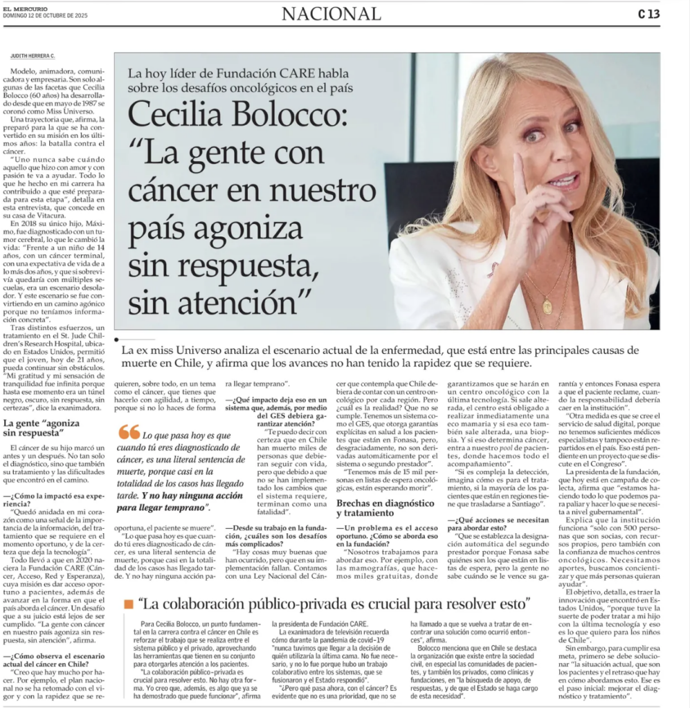 El Mercurio: Cecilia Bolocco: “La gente con cáncer es nuestro país agoniza sin respuestas, sin atención”