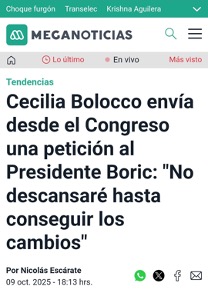 Meganoticias: Cecilia Bolocco envía desde el congreso una petición al presidente Boric