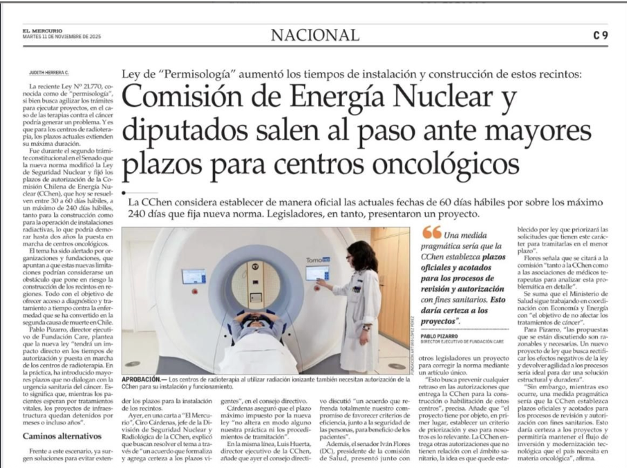 El Mercurio: Comisión de Energía Nuclear y diputados salen al paso antes mayores plazos para centros oncológicos