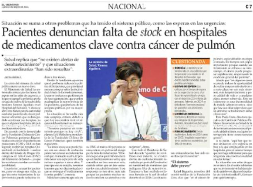 El Mercurio: Pacientes denuncian falta de stock en hospitales de medicamentos clave contra cáncer de pulmón