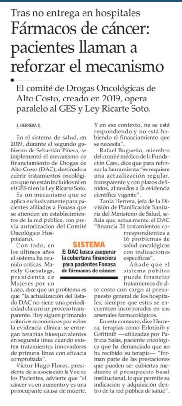 El Mercurio: Fármacos de cáncer: pacientes llaman a reforzar el mecanismo