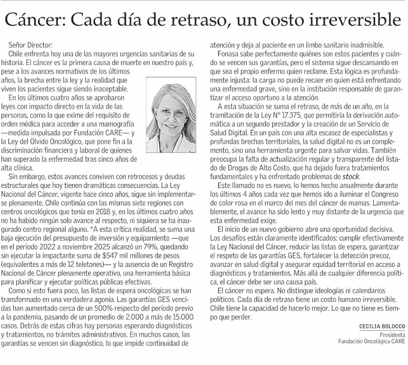 El Mercurio: Carta presidenta Cecilia Bolocco