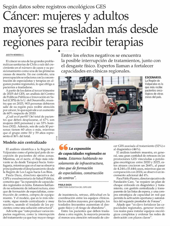 El Mercurio: Cáncer: Mujeres y adultos mayores se trasladan más desde regiones para recibir terapias