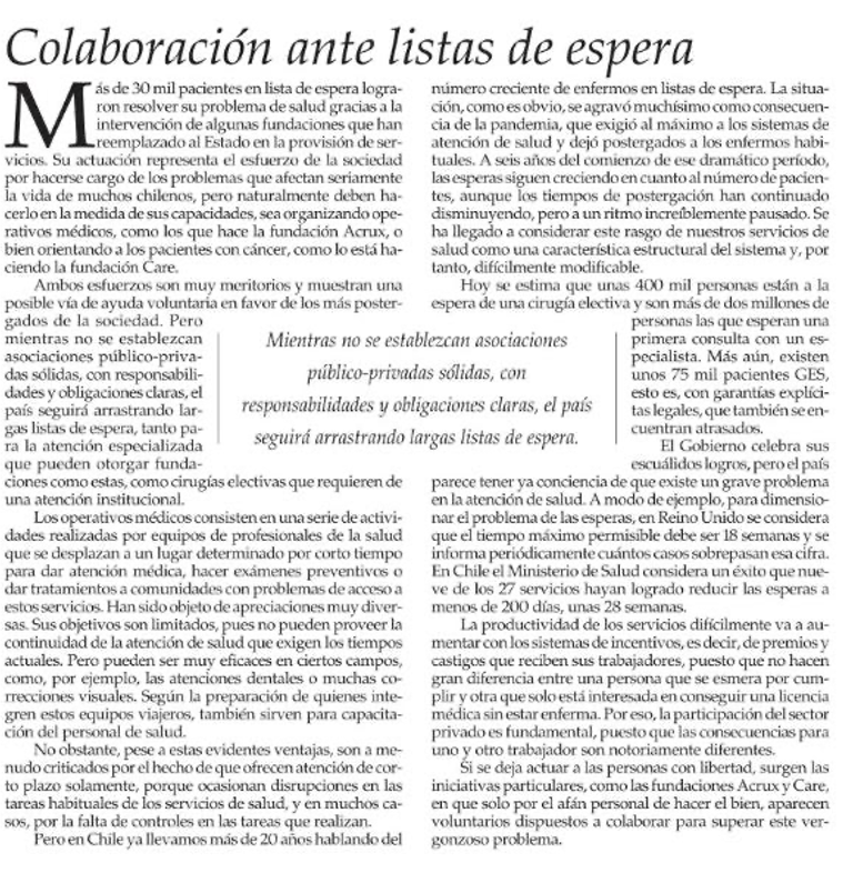 El Mercurio: Colaboración ante lista de espera