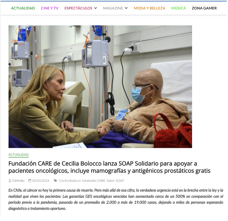 Tu Medio: Fundación CARE de Cecilia Bolocco lanza SOAP Solidario para apoyar pacientes oncológicos, incluye mamografías y antigénicos prostáticos gratis