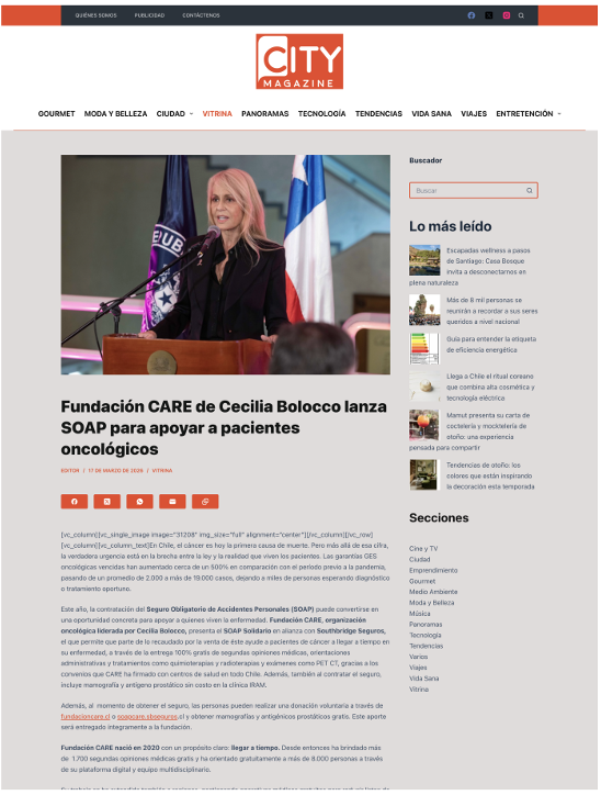 City Magazine: Fundación Care de Cecilia Bolocco impulsa SOAP solidario para apoyar a pacientes oncológicos