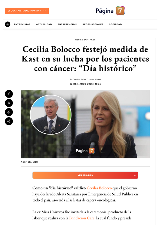 Página 7: Cecilia Bolocco festejó medida de Kast en su lucha por los pacientes con cáncer: “Día historico”