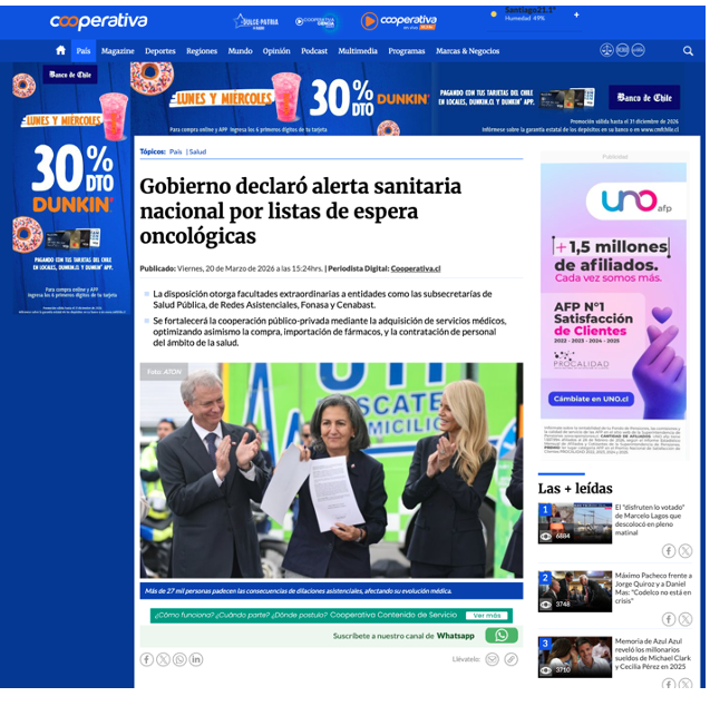 Cooperativa: Gobierno declaró alerta sanitaria nacional por listas de espera oncológicas