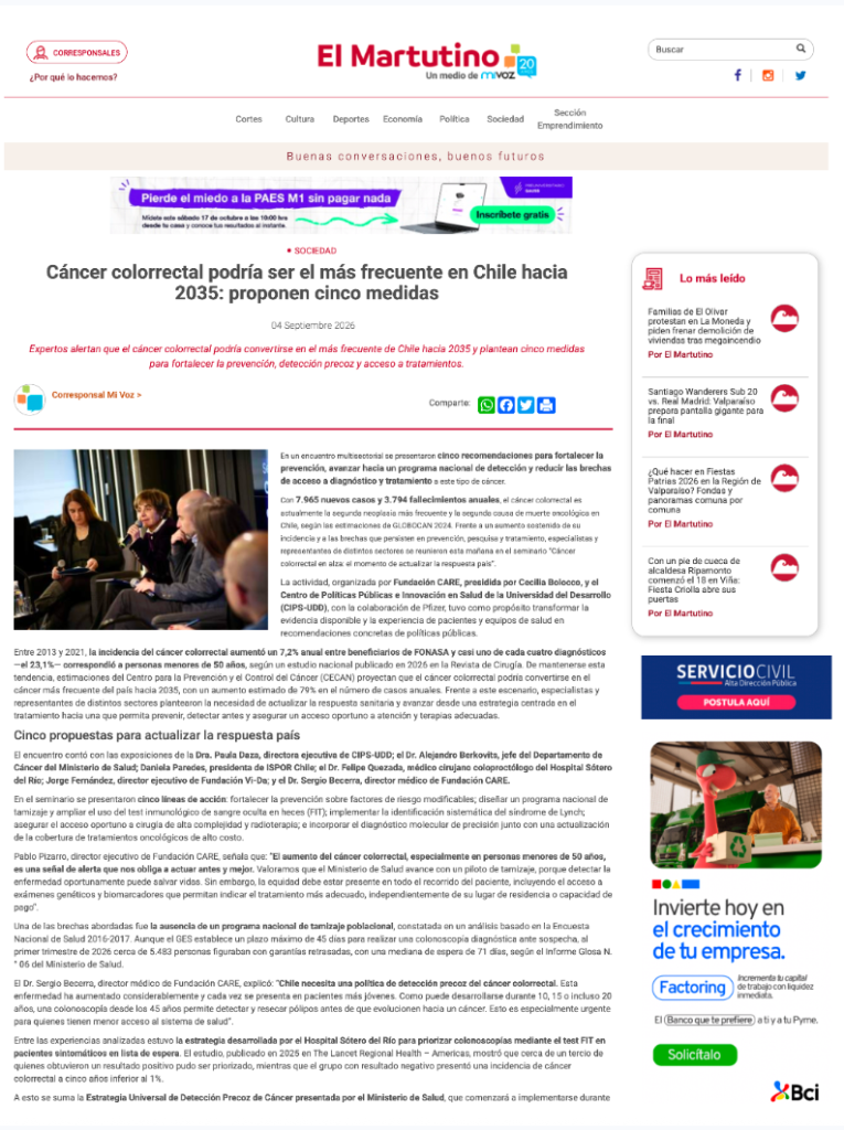 El Martutino: Cáncer colorrectal podría ser el más frecuente en Chile hacia 2035: proponen 5 medidas