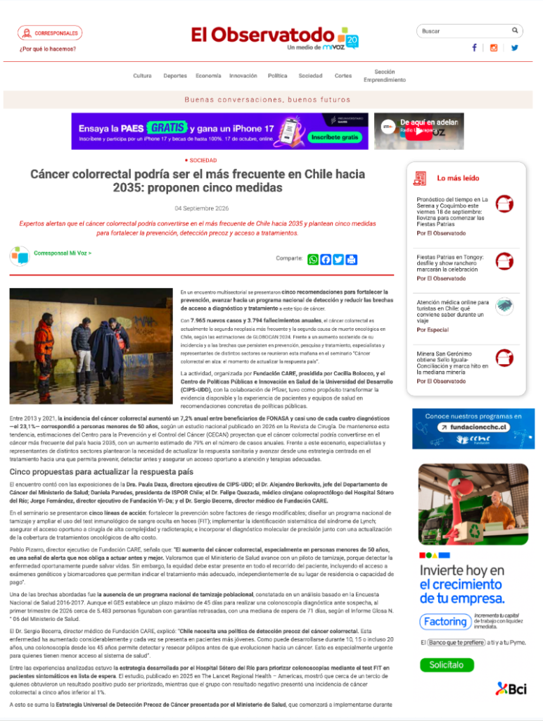 El Observatodo: Cáncer colorrectal podría ser el más frecuente en Chile hacia 2035: proponen 5 medidas