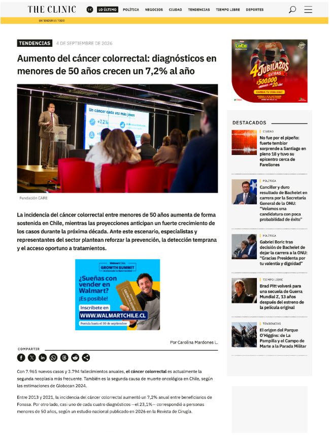 The Clinic: Aumento Cáncer Colorrectal: diagnósticos en menores de 50 años crecen un 7,2 al año