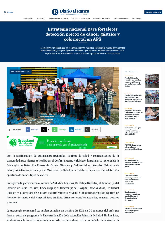 Diario El Ranco: Estrategia nacional para fortalecer detección precoz de cáncer gástrico y colorrectal en APS