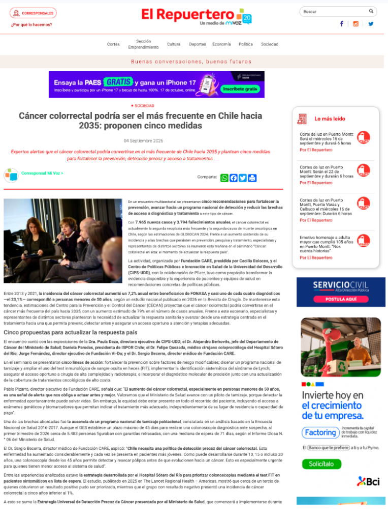 El Repuertero: Cáncer colorrectal podría ser el más frecuente en Chile hacia 2035: proponen 5 medidas