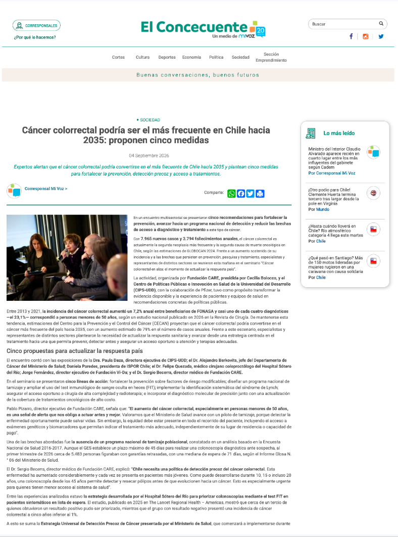 El Concecuente: Cáncer colorrectal podría ser el más frecuente en Chile hacia 2035: proponen 5 medidas